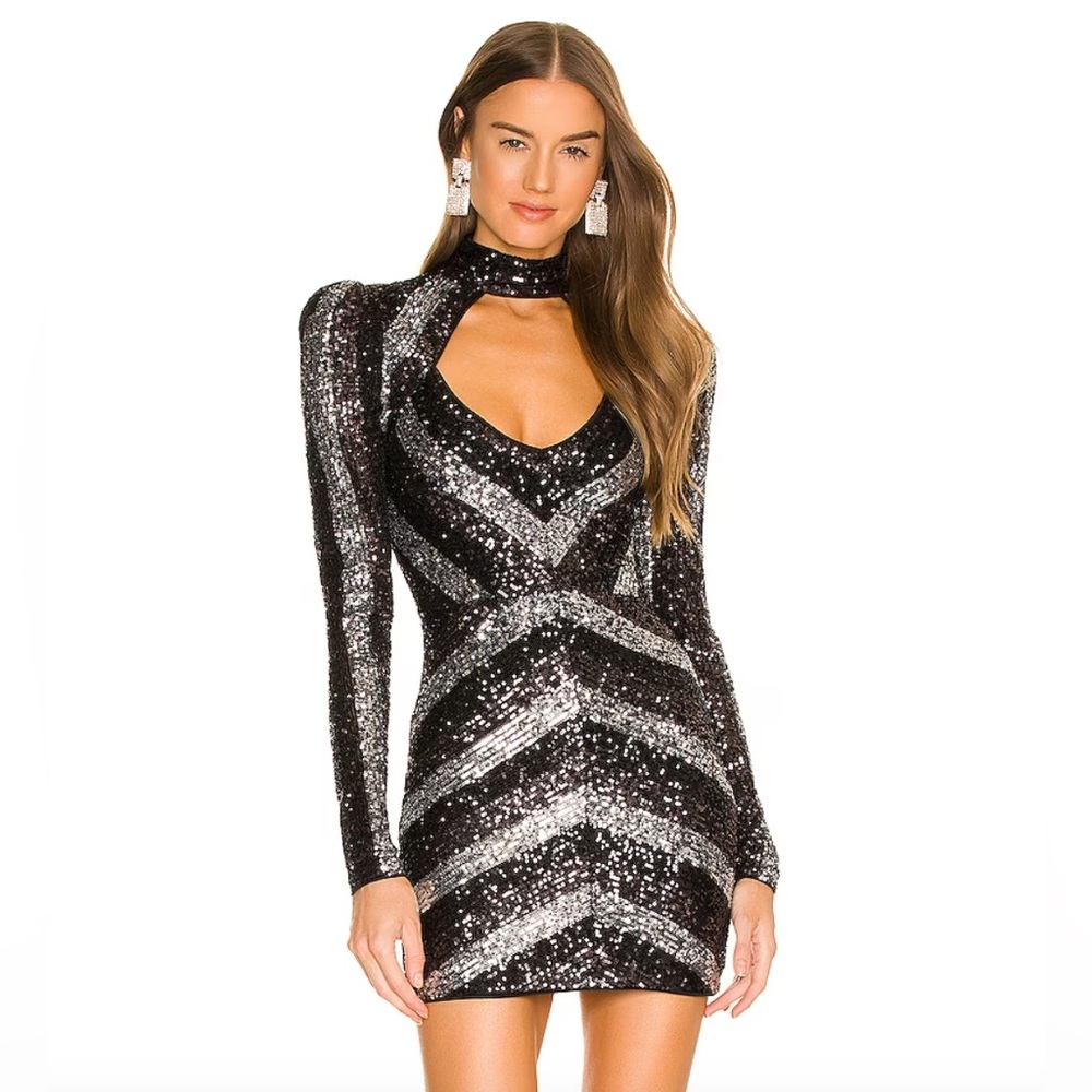 Michael Costello dress sequined small black and silver  4
